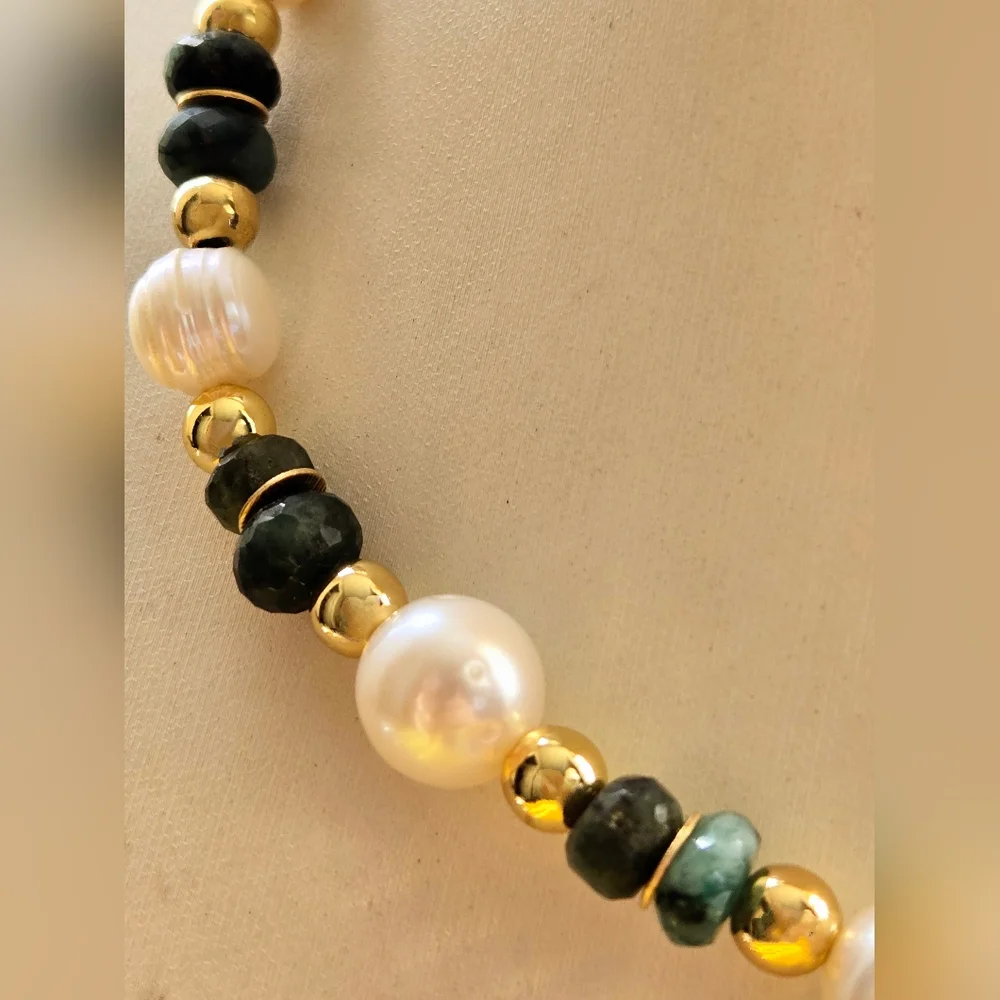 Genuine Emerald And Freshwater Baroque Pearls In Gold Plated Classic Necklace